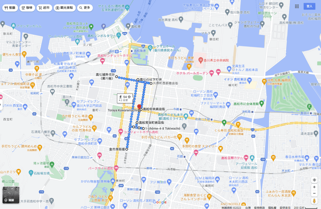 中央商店街地圖(藍色圓點路徑是商店街範圍)