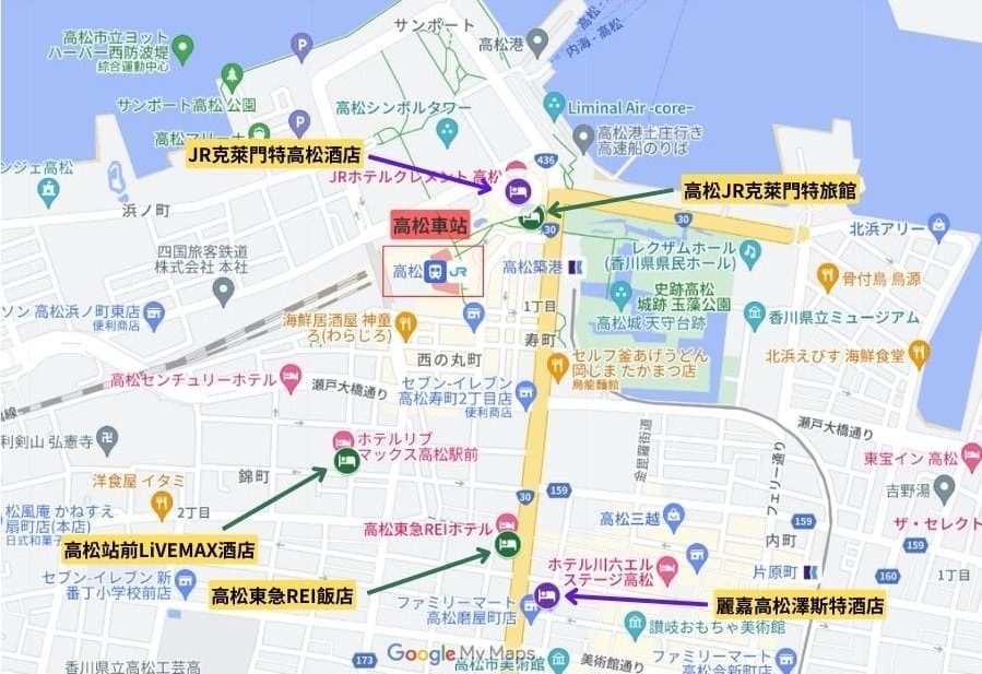 高松車站走路10分鐘可到的飯店位置圖